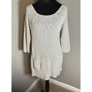 Free People Beige Knit Sweater Dress Tunic Pockets Buttons Women’s Small C5